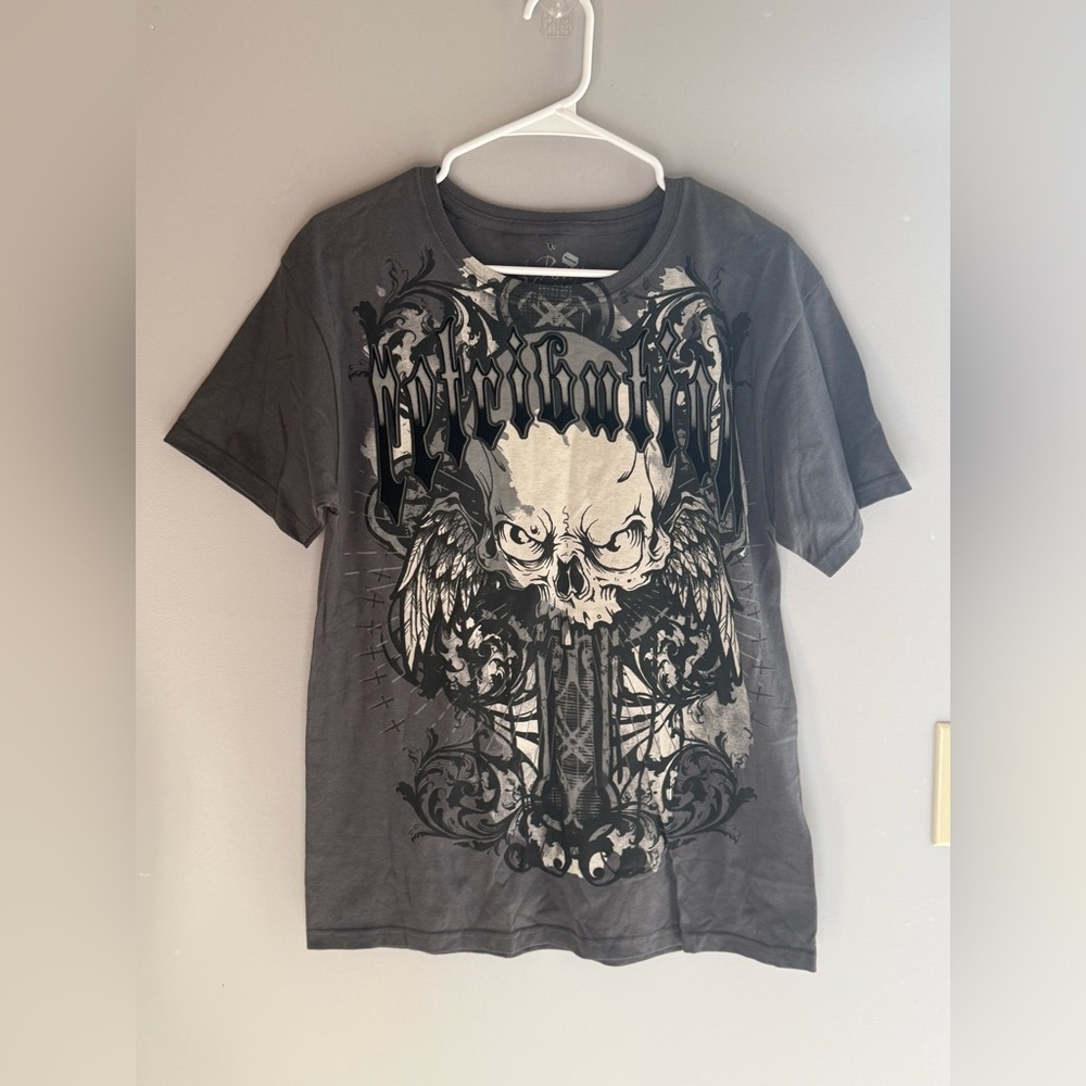 The Raw Uncut Men’s Graphic Short Sleeve T Shirt SZ XL Gothic Skulls Cross Grey